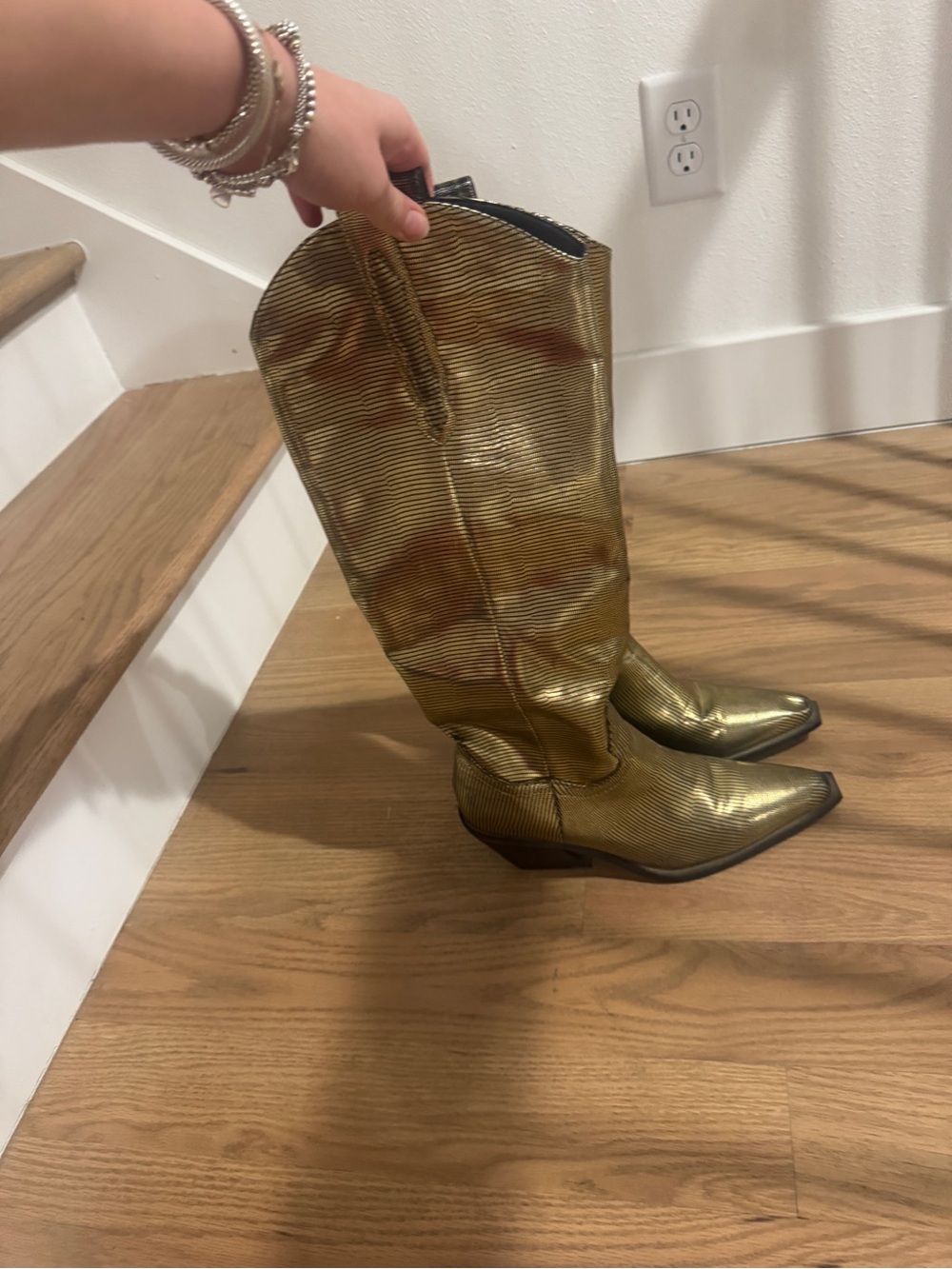 Gold Metallic Knee-High Heeled Boots - Women's